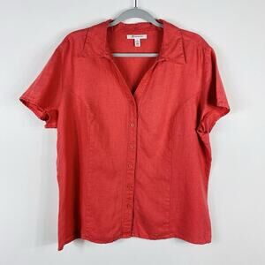 JM Collection Size 16 100% Linen Short Sleeve Button Top Pink